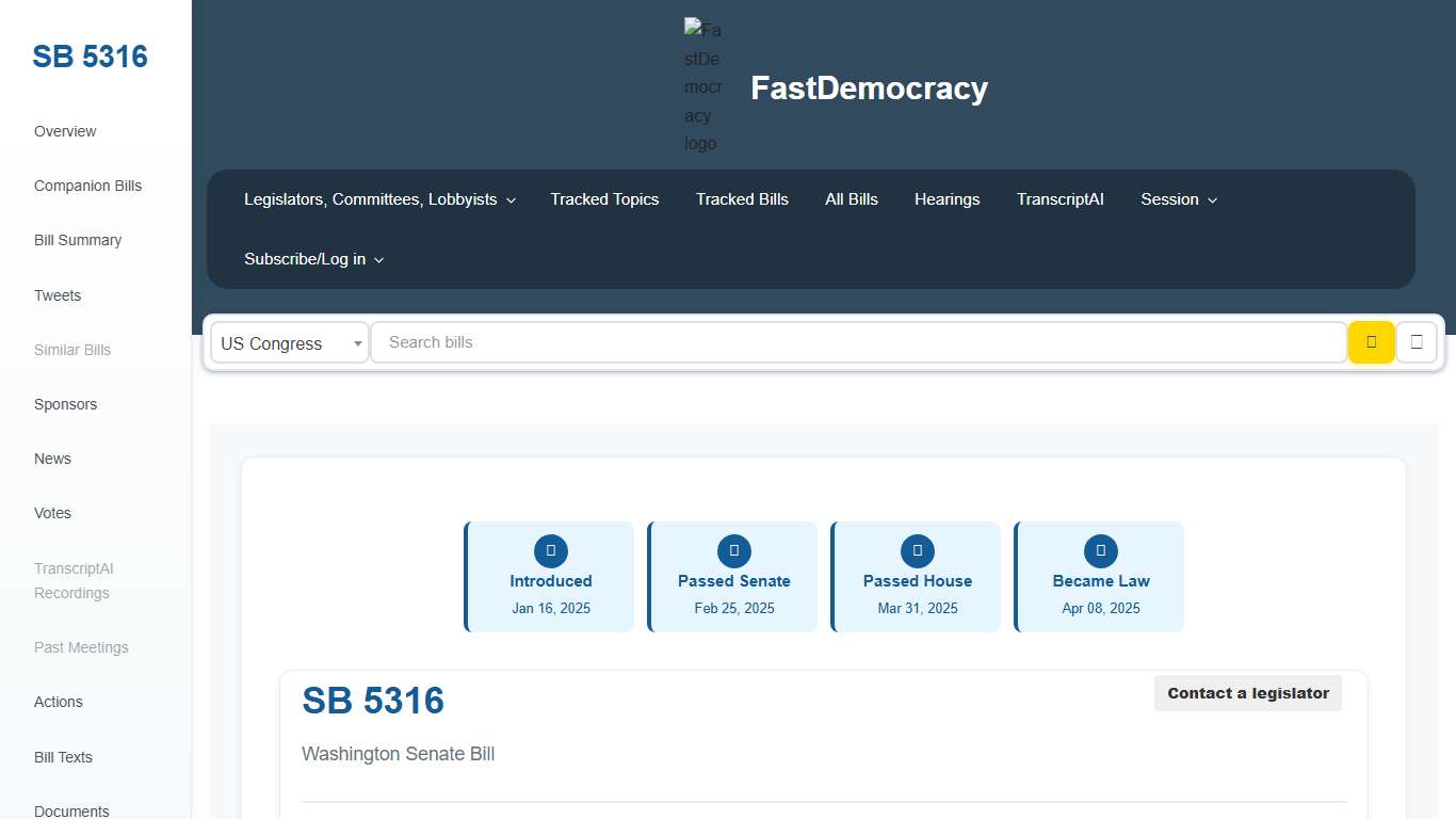 Bill tracking in Washington - SB 5316 (2025-2026 legislative session) - FastDemocracy