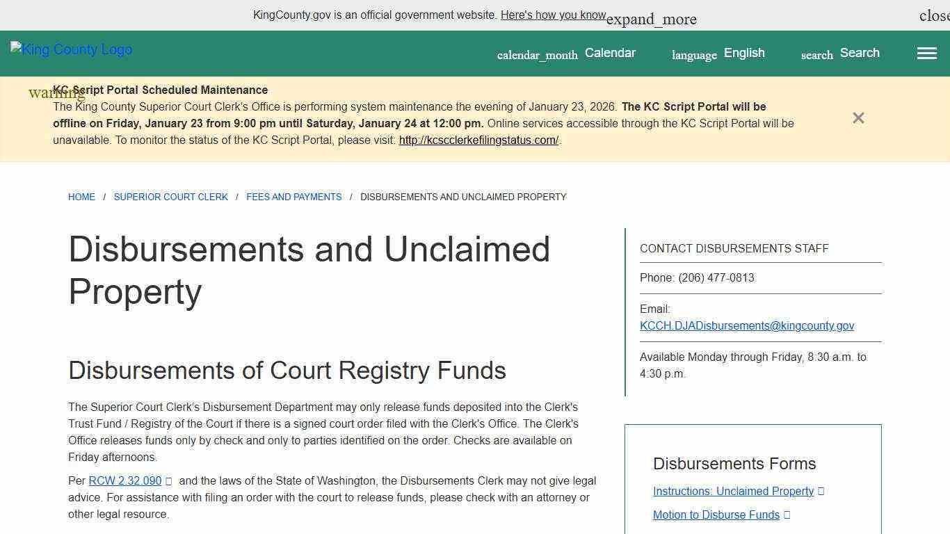 Disbursements and Unclaimed Property - King County, Washington